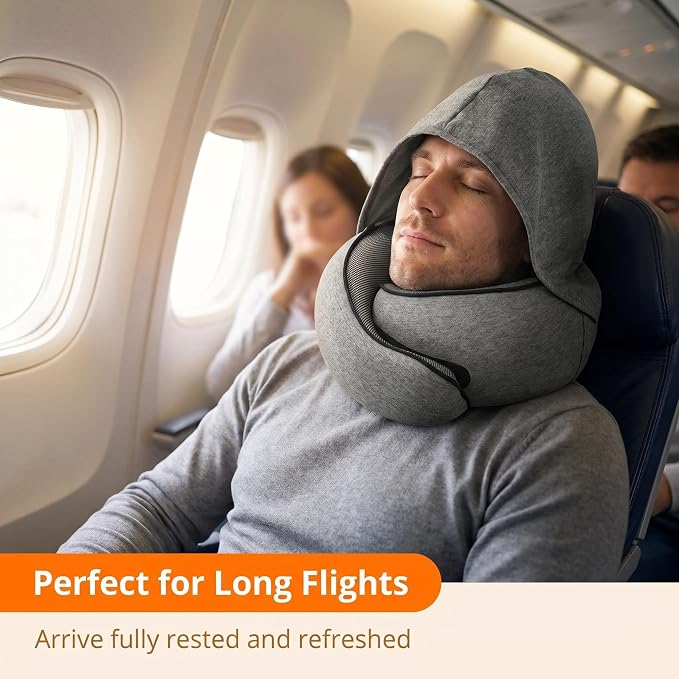 Travel Neck Pillow with Hood, Memory Foam, 360° Ergonomic Support, Cooling Ice Silk, Hooded Design, with Eye Mask, Earplugs, and Storage Pouch Airplane Travel Essentials, Dark Gray - Image 6