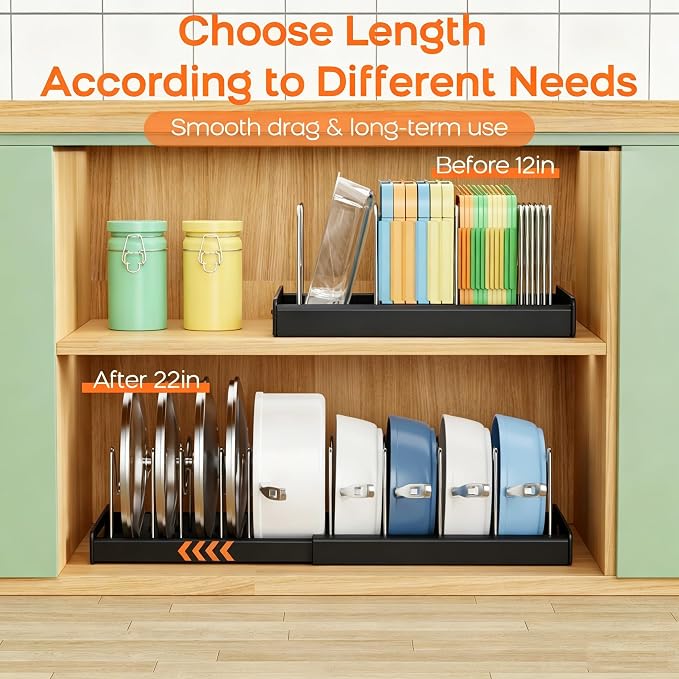 Nigelia Pots and Pans Organizer for Under Cabinet 22" Expandable Food Storage Container Lid Organizers with 10 Adjustable Dividers Pot and Pan Lid Holders Rack Inside Cabinet&Kitchen Countertop(Black) - Image 3