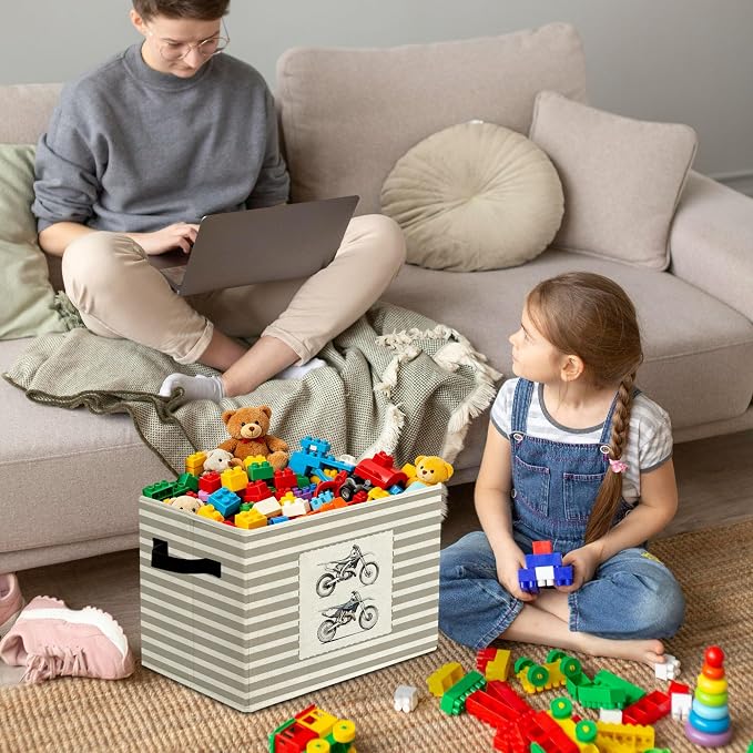 Rustic Dirt Bike Storage Bins Boxes Handles | grey striped nursery foldable basket for organizing bedroom toddler playroom - Image 4