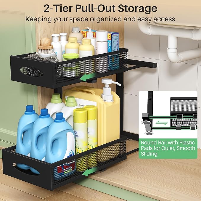 Under Sink Organizer, 2 Pack 2 Tier Pull out Cabinet Organizer Baskets with Mesh Sliding Drawers, Slide out Sink Storage Shelves for Home, Kitchen, Bathroom, Pantry, Office Organizers and Storag,Black - Image 3