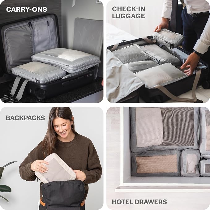 Compression Packing Cubes for Travel, 4-Pack, Light Grey | Solves overpacking, 4-Piece set fits most carry-ons, 50% Space savings, Compression luggage organizer bags - Image 9