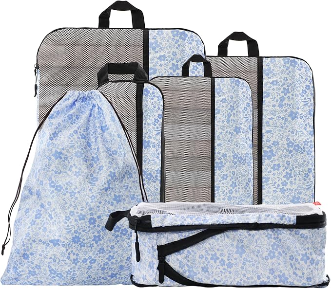 U+U 6 Set Compression Packing Cubes, Travel Organizers (Blue Flower) | Space-Saving & Drawstring Bag Included by UU