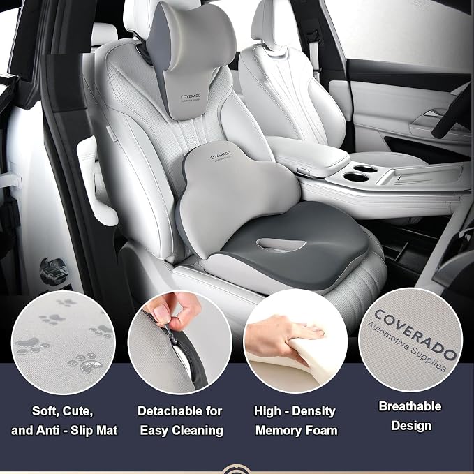 Coverado Car Seat Cushion and Lumbar Support with Headrest Pillow Memory Foam Ergonomic Back Support Driving Seat Cushion Neck Head Pillow, Back Pain Relief, Cushion for Car Driver Office - Image 5