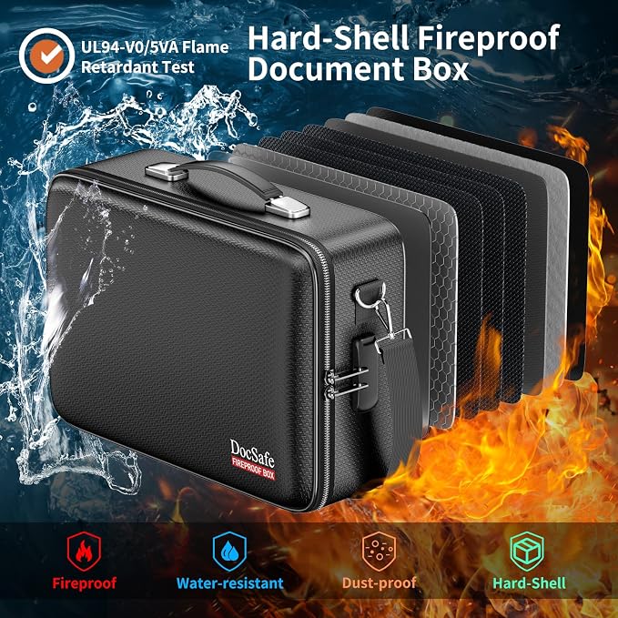 DocSafe Fireproof Document Box Hard Case with Lock ＆ Accordion File Folder | Fire and Water Resistant Safe Box,File Organizer,Multi-Pocket,Home Office Travel Storage for Important Document,Laptop,Black - Image 2