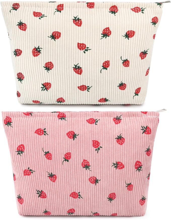 SOIDRAM 2 Pcs Cute Makeup Bag Large Cosmetic Bag Toiletry Bag Makeup Pouch Travel Bag Organizer Cute Makeup Brushes Aesthetic Accessories Storage Bag for Women Strawberry Pink Beige by SOIDRAM