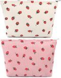 SOIDRAM 2 Pcs Cute Makeup Bag Large Cosmetic Bag Toiletry Bag Makeup Pouch Travel Bag Organizer Cute Makeup Brushes Aesthetic Accessories Storage Bag for Women Strawberry Pink Beige by SOIDRAM