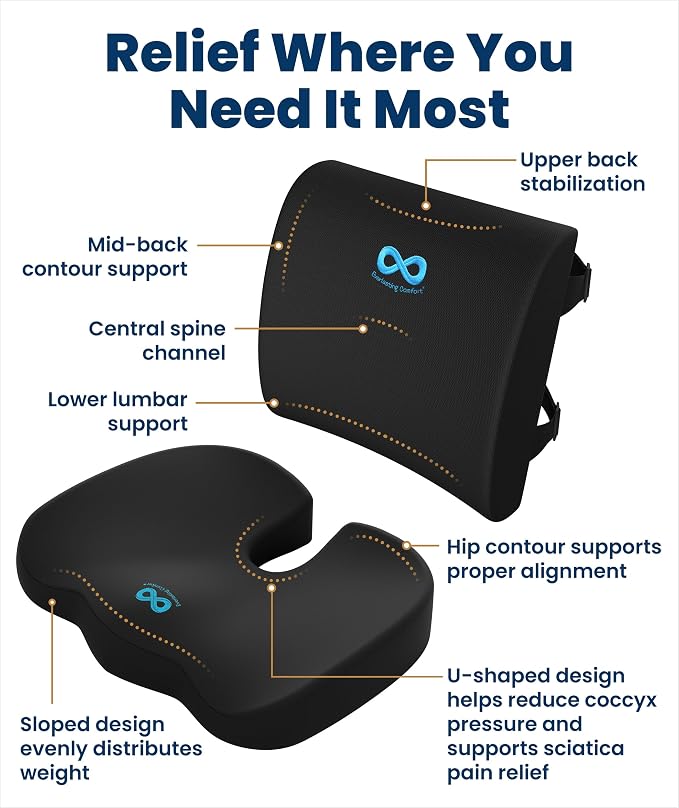 Everlasting Comfort Doctor Recommended Memory Foam Seat Cushion for Office Chairs & Car - Ergonomic Office Desk Accessories - Cushions for Tailbone Pain Relief, Sciatica (Black Airflow Lumbar, Large) - Image 3