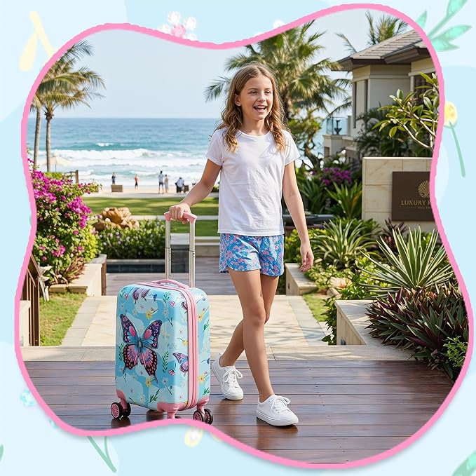Kids Luggage Sets 2 Piece Rolling Suitcases with Wheels for Girls Hardshell Toddler Suitcase Set with Neck Pillow Airplane 16 Inch Kids' Carry on Luggage Blue Butterfly - Image 7
