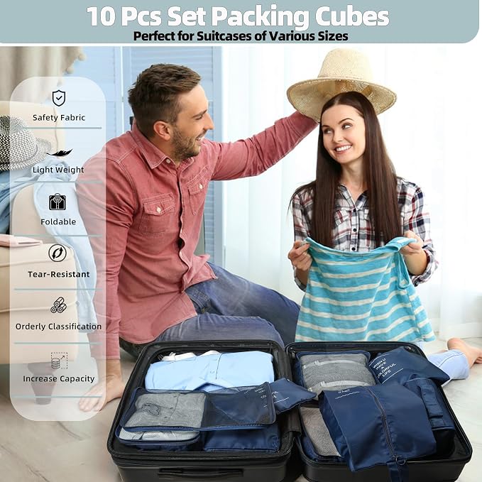 10 Pcs Set Packing Cubes - Travel Packing Organizers, Expandable Suitcase Organizer, Luggage Organizer Bags - Image 2