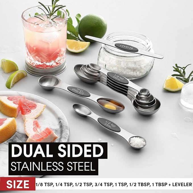 Spring Chef Stainless Steel Magnetic Measuring Spoons Set of 8, Gray | Stackable Metal Teaspoon & Tablespoon Measuring Spoons with Leveler for Dry & Liquid Ingredients, Dual Sided, Dishwasher Safe - Image 3