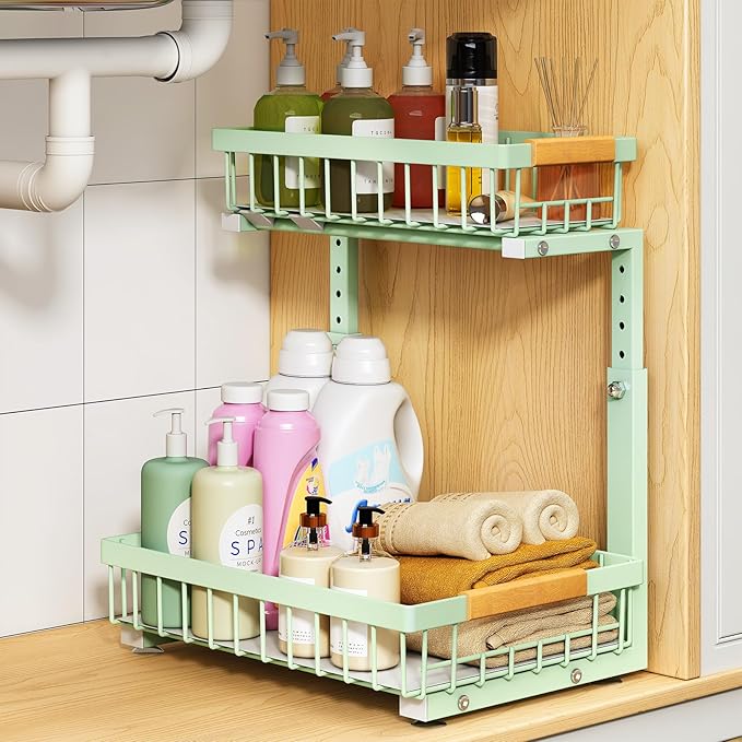 PXRACK Under Sink Organizer, Adjustable Height, 2 Tier Pull Out Under Cabinet Organizer, Slide Out Thickened Metal Under Sink Storage for Kitchen Bathroom Laundry Pantry Cabinet, Green, Large-1-Pack by PXRACK