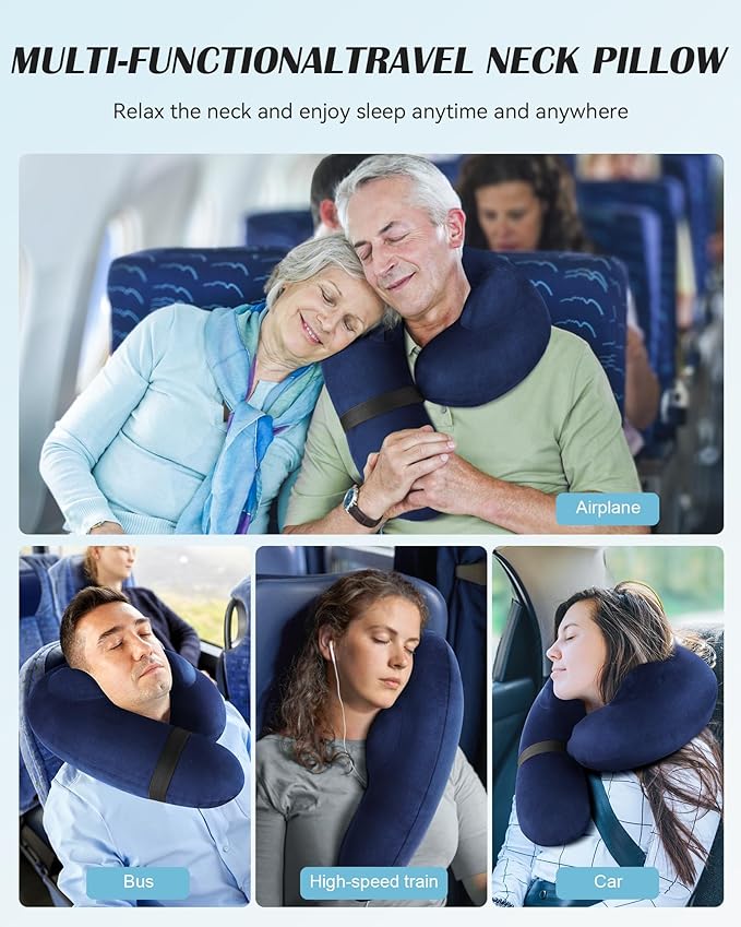 Patented Design Inflatable Travel Neck Pillow – Airplane Neck Pillow with 360° Head & Neck Support, Soft Washable Velvet Cover, Compact Neck Support Pillow for Airplane,Train,Car,Office & Home (Blue) - Image 5
