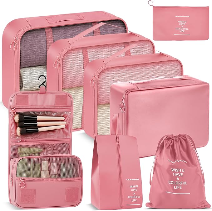 Fosmon 8-Piece Packing Cubes, Pink Travel Luggage Organizer Set | Mesh storage bags for clothes/shoes/toiletries, durable, lightweight, ideal for carry-on and vacation, 8-piece set, pink. by Fosmon