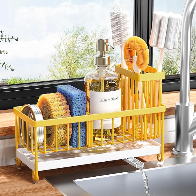 Cisily Sponge Holder for Kitchen Sink, Sink Caddy Organizer with High Brush Holder, Kitchen Countertop Organizers and Storage Essentials, Rustproof 304 Stainless Steel (Yellow, 9.25″) - Image 8