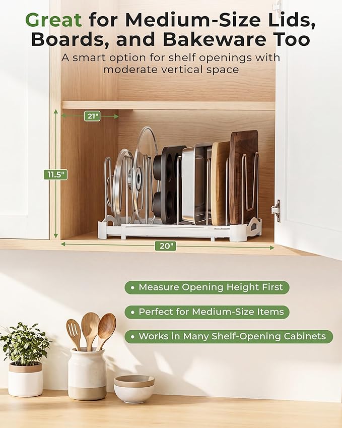 EVERIE Adjustable Bakeware Organizer Pot Lid Holder Rack for Pots, Cake Molds, Cutting Boards, Mats, Cookware, GS02SS, Pack of 2 - Image 6