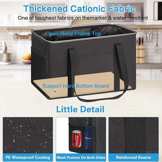 LHZK Standing Utility Tote Bag with Metal Wire Frame and the Sides Rinforced, Large Tote Bag with Handle, Reusable Grocery Bags Foldable, Beach Bag, Car Tote (Black, 18.5''x11.8''x11.5'') - Image 4