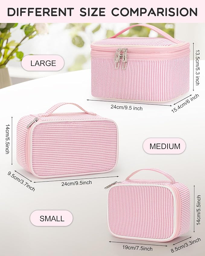 Relavel Small Pink Cosmetic Bag with 2 Makeup Brush Holders, Pink Strip | 2-Layer Travel Makeup Bag, Portable Compact Makeup Pouch for Women, Cute Toiletry Bag with Double Layer Organizer - Image 4