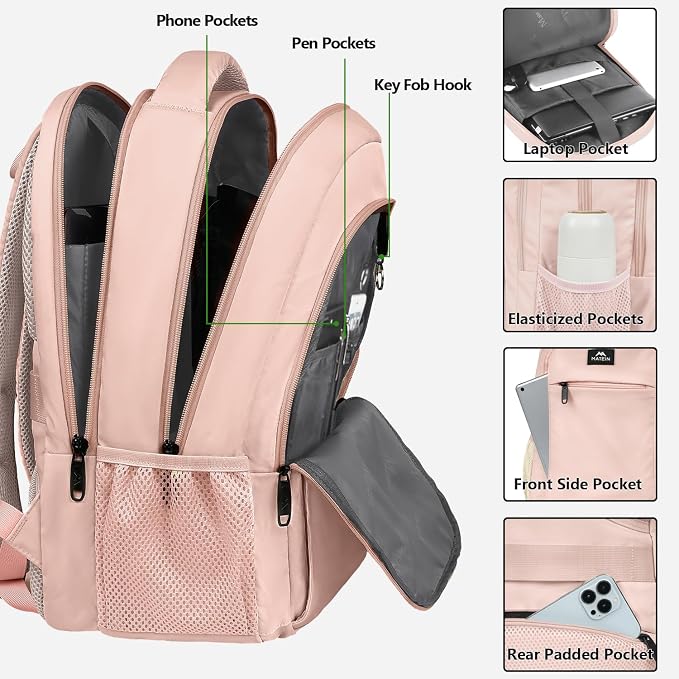 MATEIN Pink 15.6 Inch Laptop Backpack, Cute Computer Travel Bag for Women | Carry On Casual Daypack, Slim Sturdy Bag for Work, Lightweight Water Resistant, Gifts for Teacher Nurse, Anti Theft - Image 2