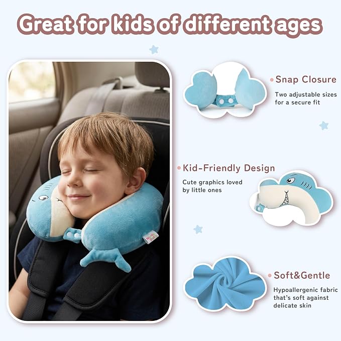 Kids Travel Neck Pillow for Ages 3-8, Memory Foam, Removable Cover, Shark | Machine washable, 13 in neck size, hidden zipper, 360-degree head and chin support, car seat and airplane use - Image 5