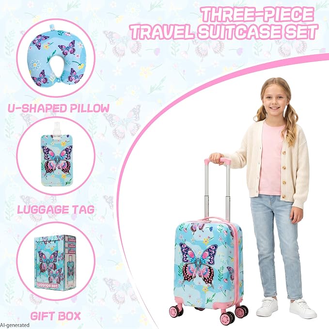 Kid's Luggage Set 5 Piece Suitcase Set 16" Hardside Luggage with Spinner Wheels Blue Butterfly Girls Carry on Toddler Travel Rolling Suitcase with Neck Pillow Airline Approved - Image 4