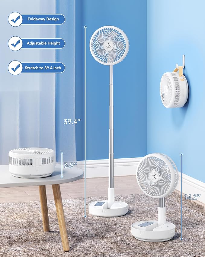 Portable Oscillating Travel Fan, 10400mAh Rechargeable Battery with Remote | Foldable, Floor Table Desk Fan ,8H Timer, 4 Speed Settings Pedestal Fan for Home Bedroom Sleeping Camping Cruise, White 8" - Image 4