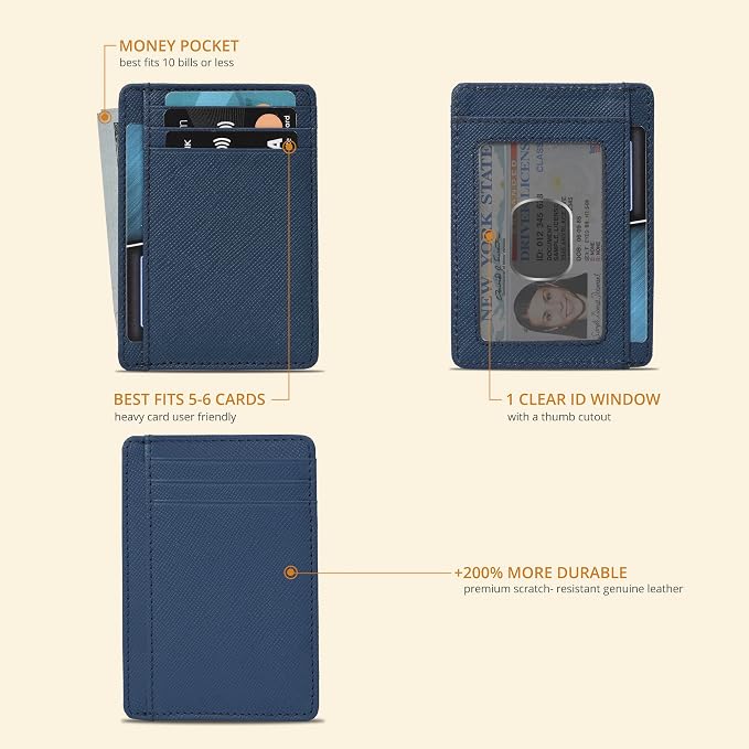 Leather Slim Minimalist RFID Blocking Front Pocket Wallet, Jeans Blue - Image 2