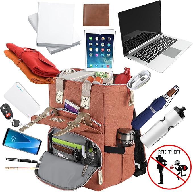 FALANKO Laptop Backpack for Women,15.6 inch Teacher Nurse School Waterproof Backpack,Large Womens Computer Backpack with Laptop Compartment,RFID Anti Theft Shoulder Orange Bags - Image 2