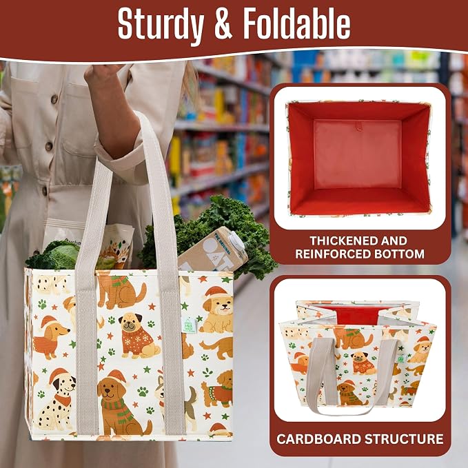 VENO 3 Pack Heavy Duty Reusable Grocery Shopping Bags Utility Tote | Water Resistant, Storage Box with Sturdy Handles & Hard Bottom, Foldable for Groceries Shopping Cart(Holiday Pups, 6 Gallon) - Image 5