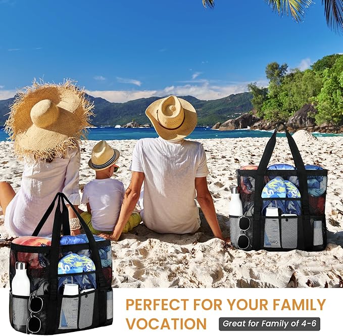 Tavaleu Mesh Beach Bag, Large Capacity Beach Tote, Multi Pockets, Sandproof | Mesh Material, Multiple Storage Pockets, Lightweight & Foldable Design, For Beach & Pool Use, Easy to Clean & Quick Dry - Image 6