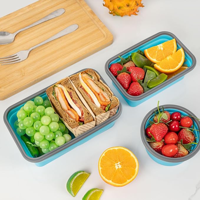 Collapsible Silicone Food Storage Containers Set with Lid & Air Vent, Foldable Lunch Containers, 8 Pack (4 Rectangular + 4 Round Bowls), BPA-Free, Space-Saving - Image 2