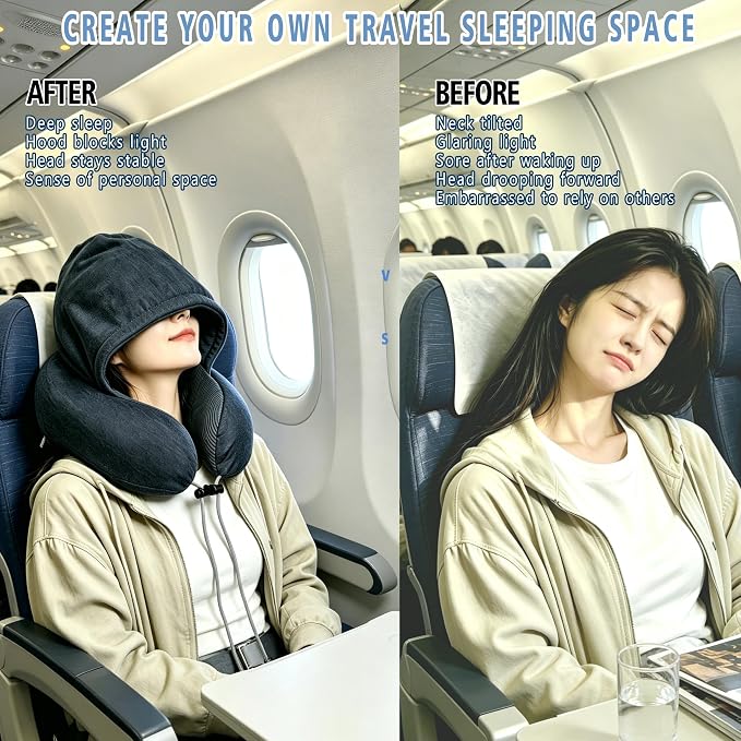 Airplane Travel Neck Pillow with Hood – Memory Foam Neck Support Pillow with Light Blocking Cover for Sleeping on Flights, Ergonomic Travel Pillow for Plane, Car & Office (dark gray, Hood neck pillow) - Image 2