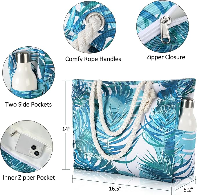 Clothirily Beach Bag for Women, Large Beach Tote Bag Waterproof with Zipper | Large Capacity Swim Pool Bag, Inner Pockets, Sandproof Foldable Beach Tote for Travel Essentials - Image 4