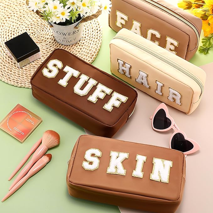 Preppy Makeup Bags Chenille Letter Stuff Bag Nylon Cosmetic Pouch Cases with Zipper for Women Travel Toiletry(Brown Set,Classic,4 Pcs) - Image 3