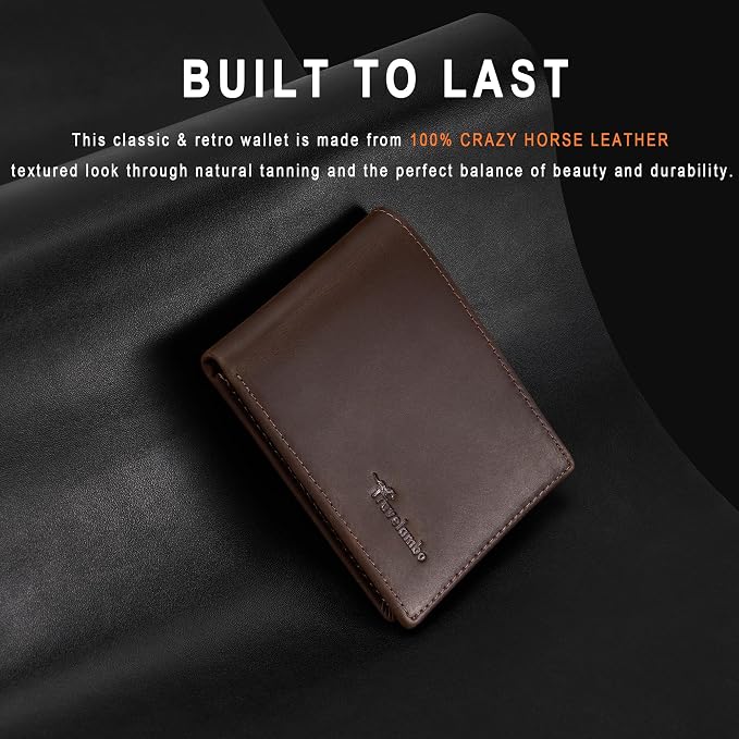 Travelambo Genuine Leather Wallet for Men with Gift Box - Handmade Bifold Stylish - Mens Wallets Rfid Blocking with 2 ID Windows - Image 3