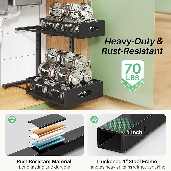 Under Sink Organizer, 1-Pack Pull Out Cabinet Organizer 2 Tier Metal Slide Out Storage Shelf Rack, L-Shaped Adjustable Height,Mesh Sliding Drawer for Kitchen, Bathroom, Laundry, Pantry, Black, XL - Image 6