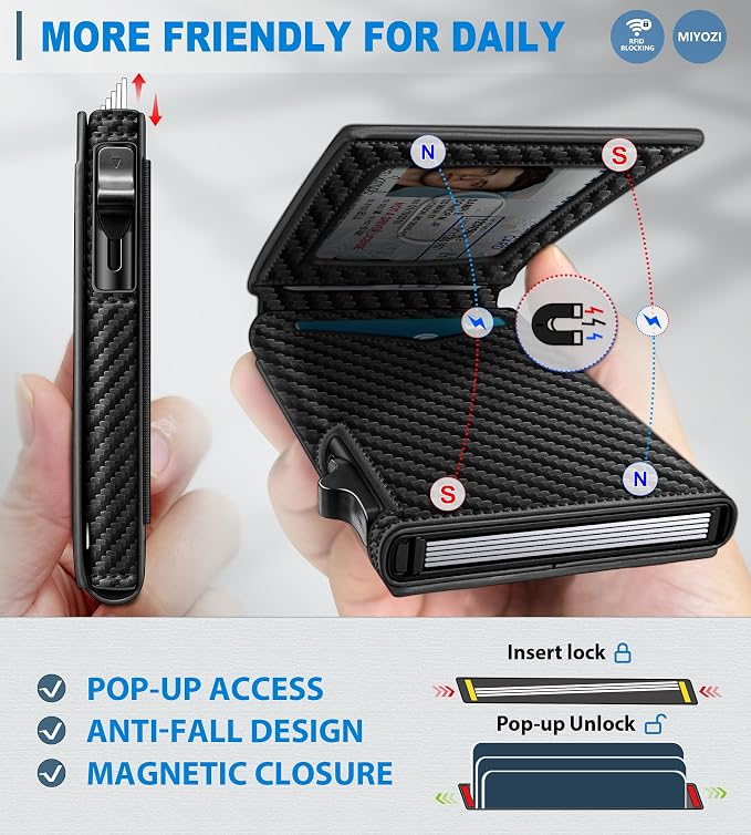 Wallet for Men, Slim Pop Up Card Holder - RFID Blocking Minimalist Bifold Wallet with ID Window, Holds 9-11 Cards & Stretchable Strap, Metal Flip Case with Magnetic Closure, Gift Box - Image 3