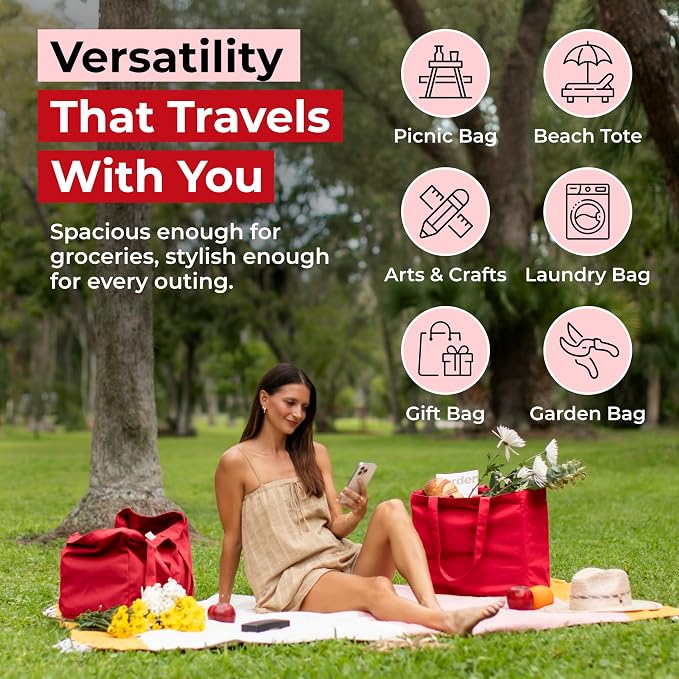 VeraMia Canvas Grocery Bag 3pc XL Set with Real Pockets, Long Shoulder Strap and Short Handle. Heavy Duty, Foldable, Washable - Image 5