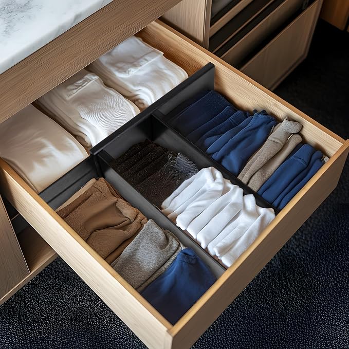 Utoplike Dresser Drawer Dividers, 4" High Black Drawer Organizers Clothes | Adjustable, Spring Loaded, Works in Kitchen, Bathroom, Bedroom, Drawer, Desk, 4 PCS for Clothing, Fit 14"-16" Inner Drawer - Image 5