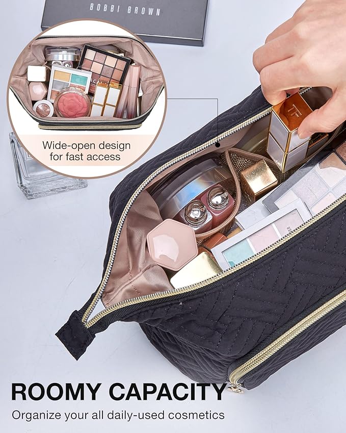 BAGSMART Travel Makeup Bag, Cosmetic Bag Make Up Organizer Case,Large Wide-open Pouch for Women Purse for Toiletries Accessories Brushes Black - Image 2