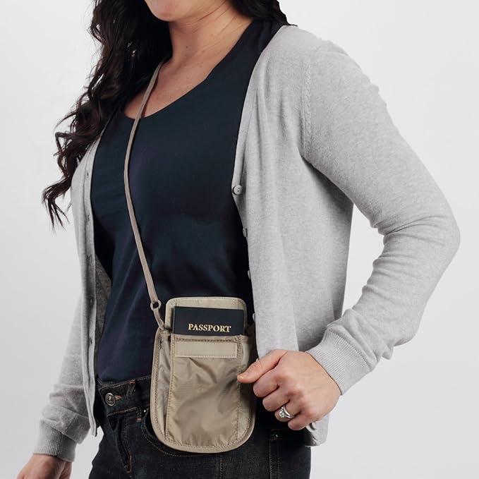eagle creek RFID Blocker Neck Wallet - Durable and Lightweight Travel Passport and Valuables Organizer with Hook and Loop Closure and Adjustable Neck Strap, Tan - Image 3