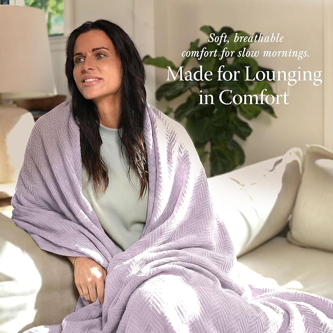 Threadmill Luxury Cotton Blankets for Twin Size Bed | All-Season 100% Cotton Twin Blanket for Bed | Herringbone Soft & Cozy Fall Thermal Blanket, 350GSM, 68x92 inches | Lilac | 100% Cotton, Herringbone Pattern, 350 GSM, 68x92 in, Moisture-Wicking, All-... - Image 3