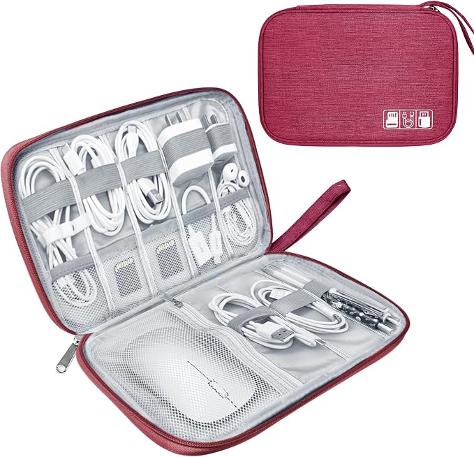 Lcsmaokin Electronics Travel Organizer,Portable Waterproof Electronic Travel Storage Bag for Small Charging Cord Storage,Charger,Small Electronics,SD Card etc,for Travel,Business -Wine Red by Lcsmaokin