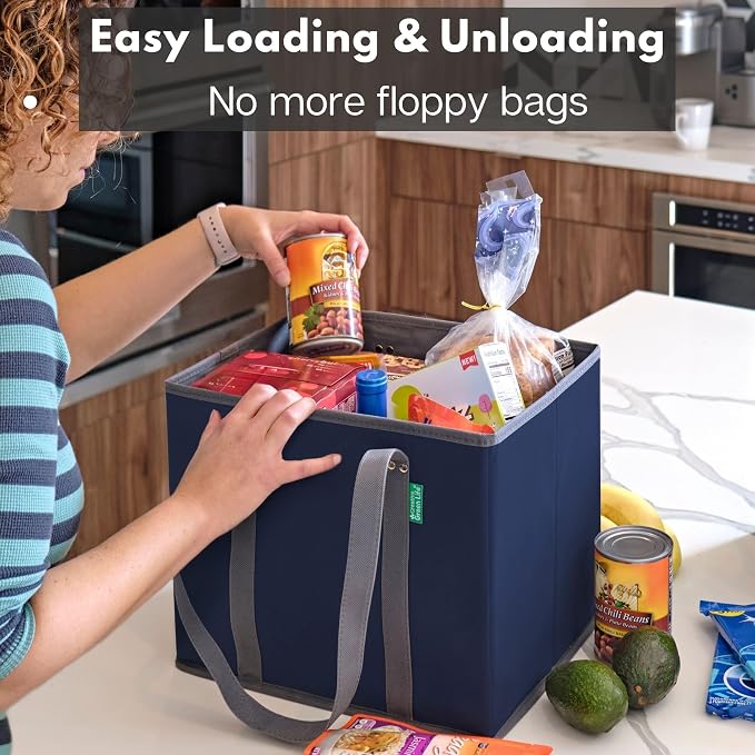 Reusable Grocery Bags (3 Pack) – Heavy Duty Reusable Shopping Bags with Box Shape to Stand Up, Stay Open, Fold Flat – Large Tote Bags are Foldable with Long Handles & Hard Bottom (Navy Blue) - Image 8