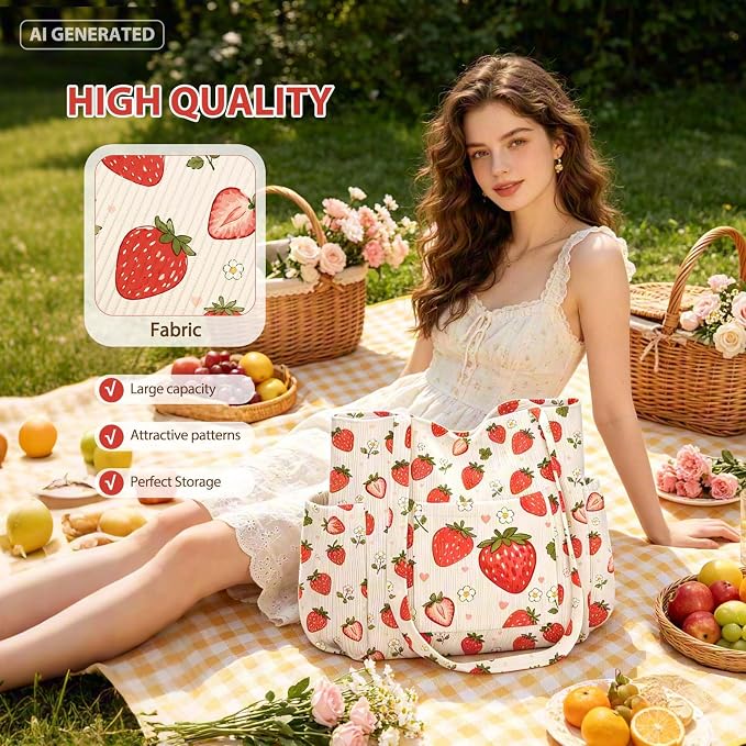 Corduroy Tote Bag for Women,Large Capacity Cute Tote Bags With 6 Pockets,Crossbody Shoulder Handbag for Work Travel Gym - Image 4