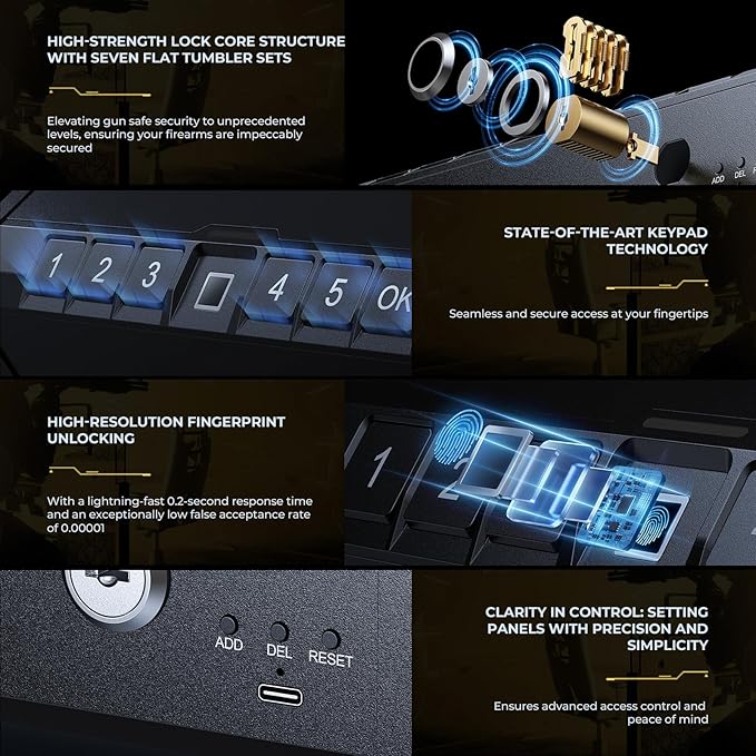ONNAIS Iron PRO Biometric Fingerprint Gun Safe for Handgun with Keypad Lock | Emergency Power Supply and Interior Light Swift Entry Pistol Case for Home, Nightstand, Bedside, and Car, Gift - Image 4