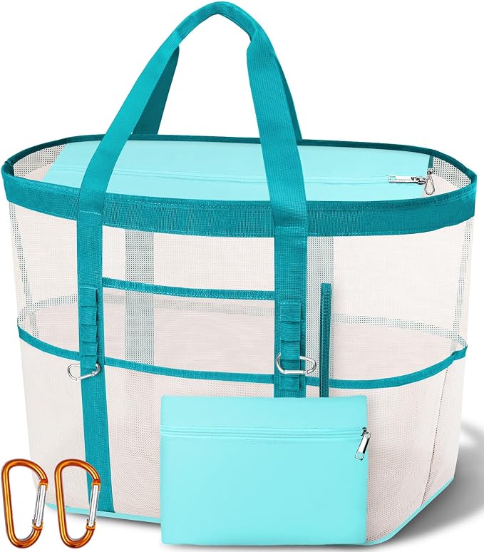 Chic Cruise Essentials Beach Bag for Women, Large Zip Top Tote, 11 Pockets | 40L+ Spacious;Mesh × Canvas;Zipper Pouch;Secure Zip-Top;Sand-Resistant Base by Yeendibo