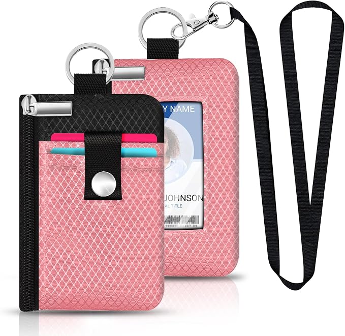 Minimalist RFID Blocking Small Wallet with ID Window,WaterResistant Zip Id Case Wallet with Lanyard Keychain for Cards,Cash,Travel,Women,Men (Pink/Black) - Image 6