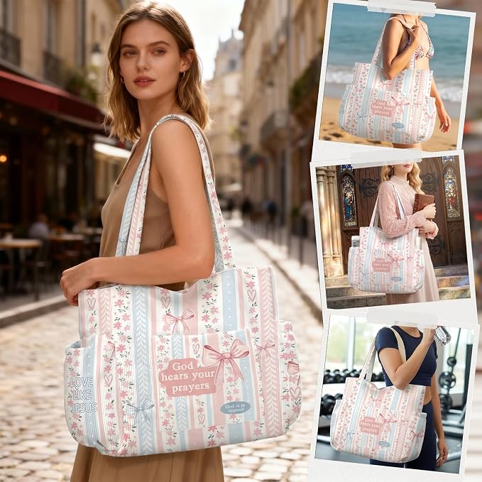 Corduroy Tote Bag for Women,Large Capacity Cute Tote Bags With 6 Pockets,Crossbody Shoulder Handbag for Work Travel Gym - Image 2