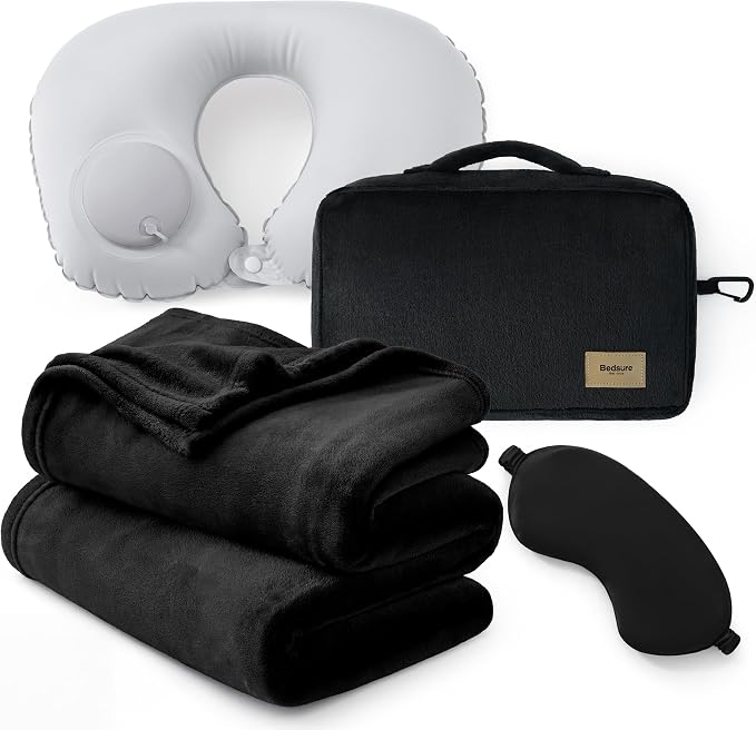 Bedsure Travel Blanket Set with Inflatable Neck Pillow and Eye Mask - Lightweight 3-in-1 Airplane Packable Blanket, Compact Travel Essentials, Black by Unknown