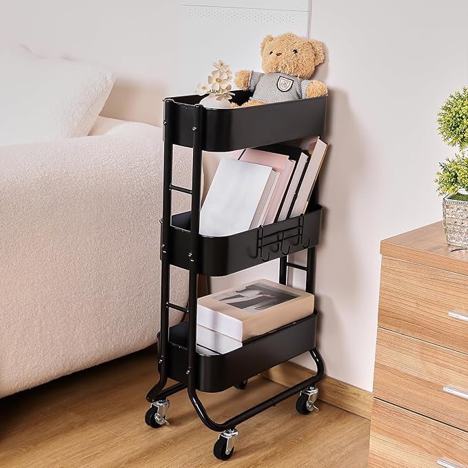 MAX Houser Slim 3-Tier Rolling Utility Cart with Extra Hook, Black | Narrow Metal Bathroom Storage Multifunctional Organizer Carts with Wheels with Extra Hook, Laundry Room,Kitchen,Small Space - Image 3